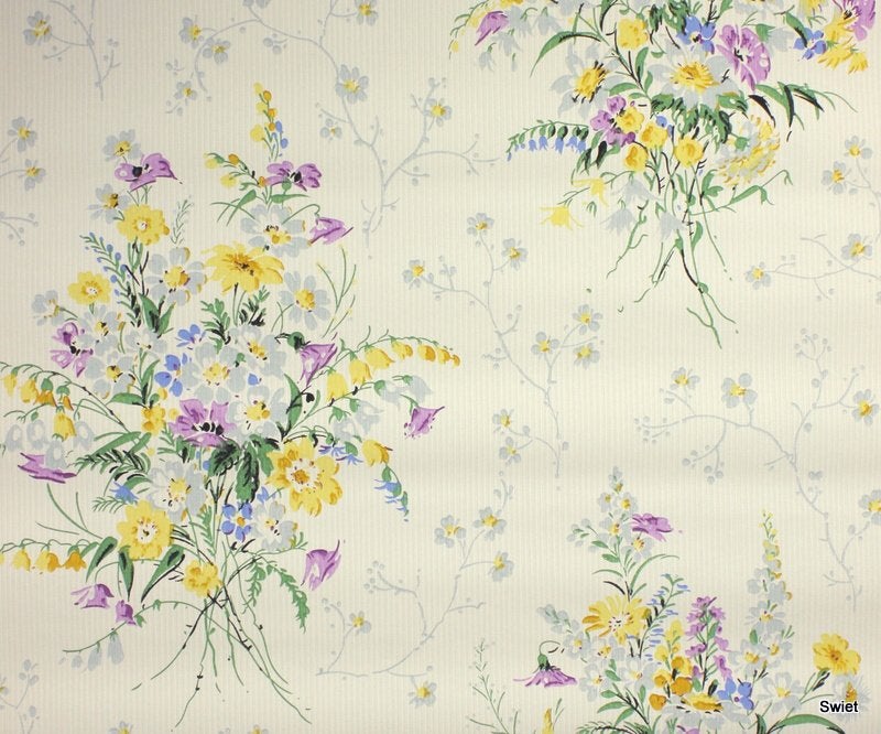8161 vintage behang vrolijke bloemboeketten jaren 50 stijl, Ophalen of Verzenden, Blauw