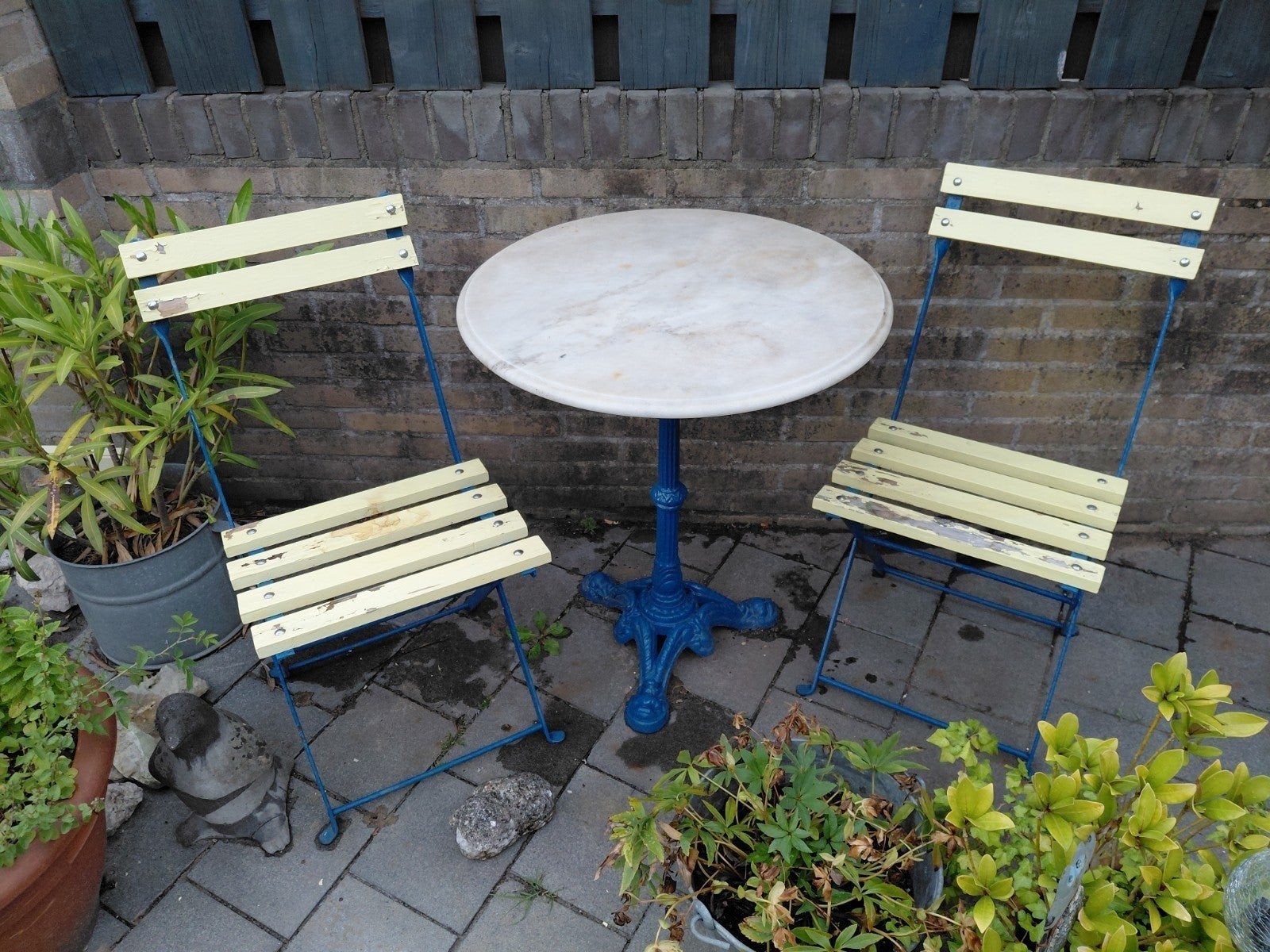 Bistroset, brocante, marmeren tafelblad, Tuin en Terras, Tuinsets en Loungesets, Gebruikt, Ophalen