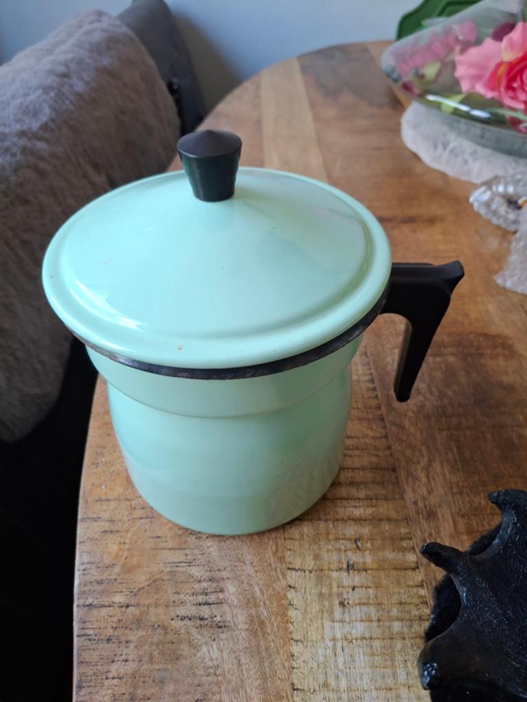 Antieke emaille melkkoker - Mintgroen, Ophalen of Verzenden