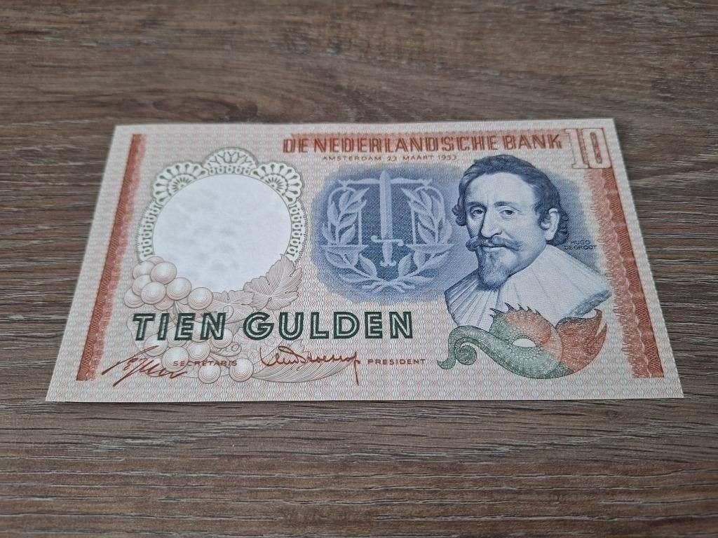 Bijna UNC biljet 10 gulden Hugo de Groot, 1953, Postzegels en Munten, Bankbiljetten | Nederland, Ophalen of Verzenden, 10 gulden