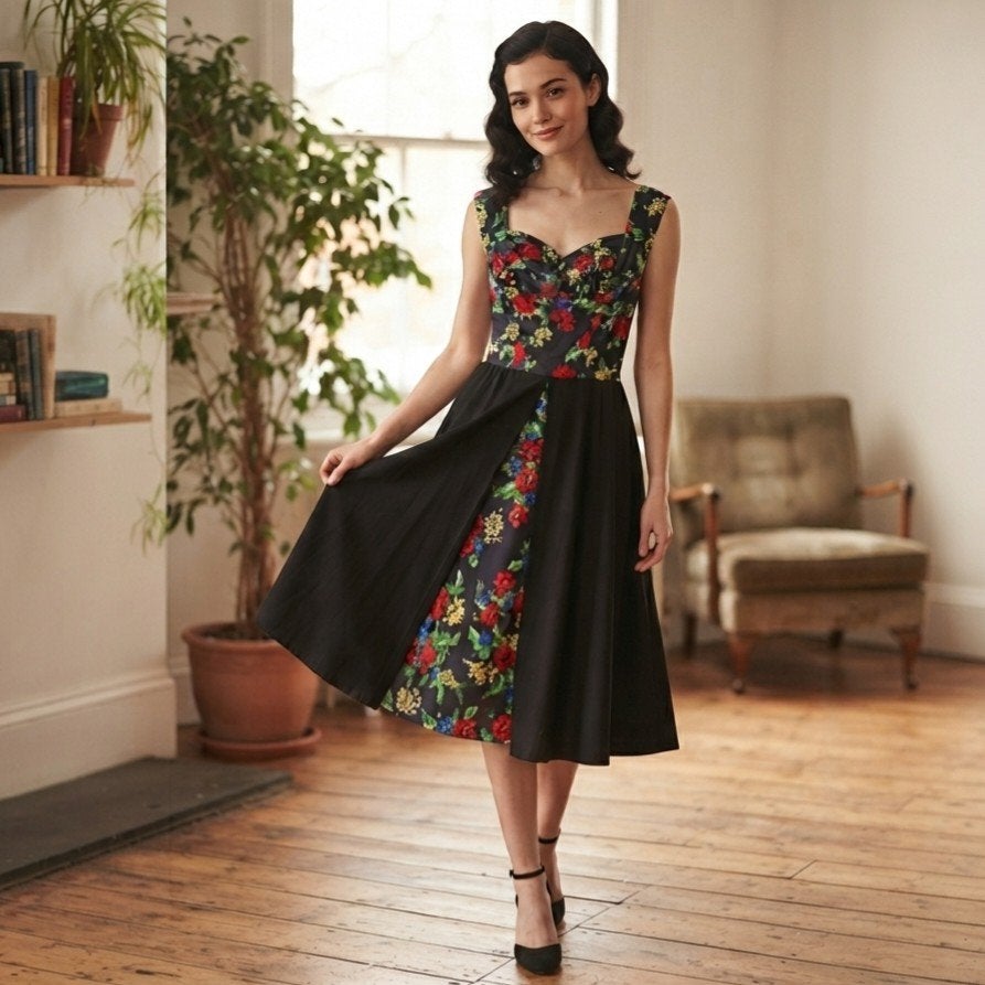 Nieuw originele Lindy Bop Avis navy floral blauw maat 34 XS, Galajurk, Blauw, Nieuw, Ophalen of Verzenden