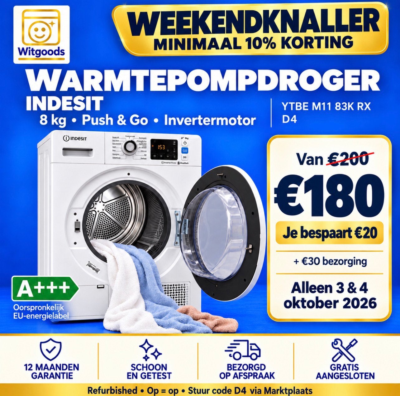 ✅SUPERZUINIG! INDESIT 8kg A+++ Warmtepompdroger | PUSH & GO, 8 tot 10 kg, Refurbished, Ophalen of Verzenden, Voorlader