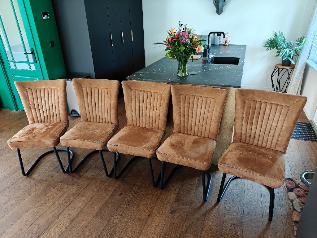 5 eetkamerstoelen, Ophalen, Gebruikt, Bruin, Stof