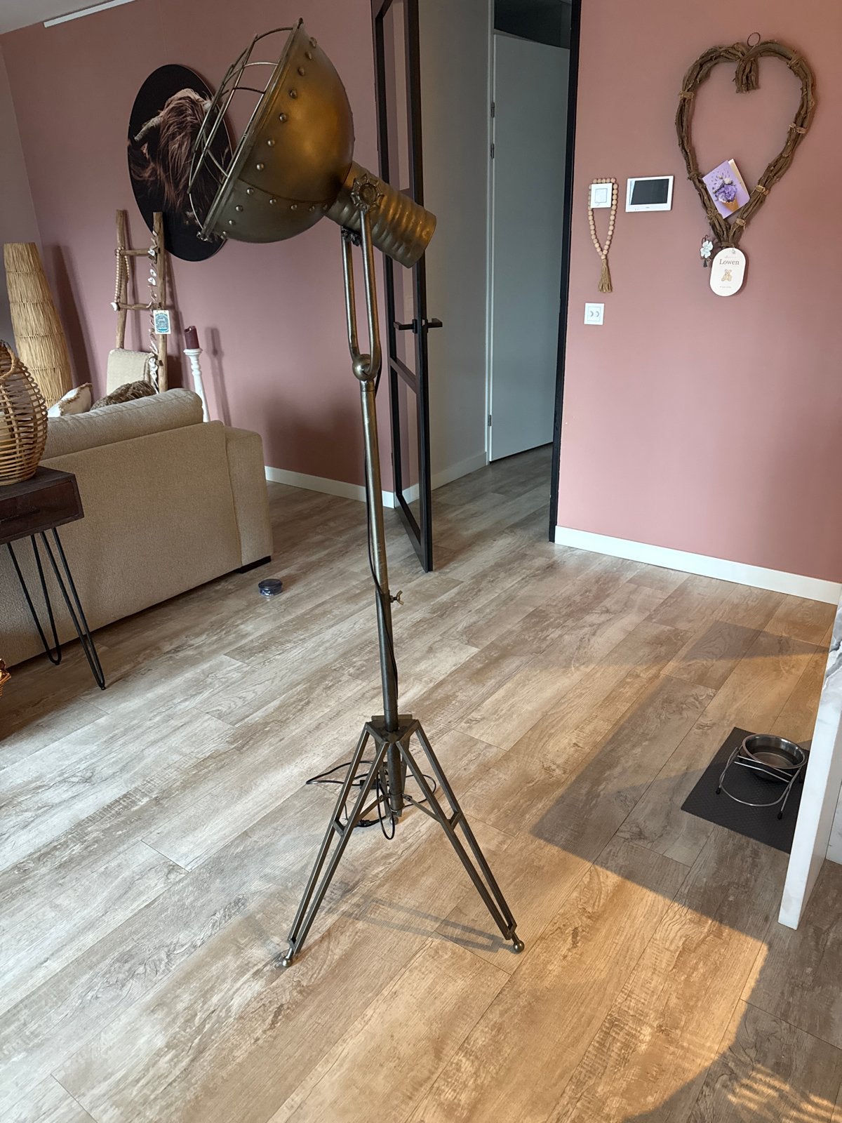 Mooie verstelbare staande lamp, messing kleur, Ophalen, Gebruikt, Metaal, 150 tot 200 cm