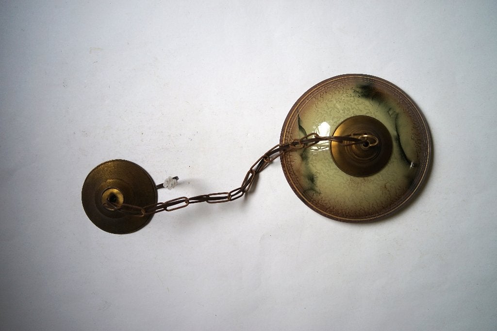 art deco hanglamp structuur glas messing ketting goud, Antiek en Kunst, Antiek | Lampen, Ophalen of Verzenden
