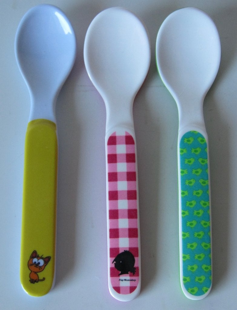 drie melamine kinderlepels, Overige materialen, Overige typen, Ophalen of Verzenden, Zo goed als nieuw