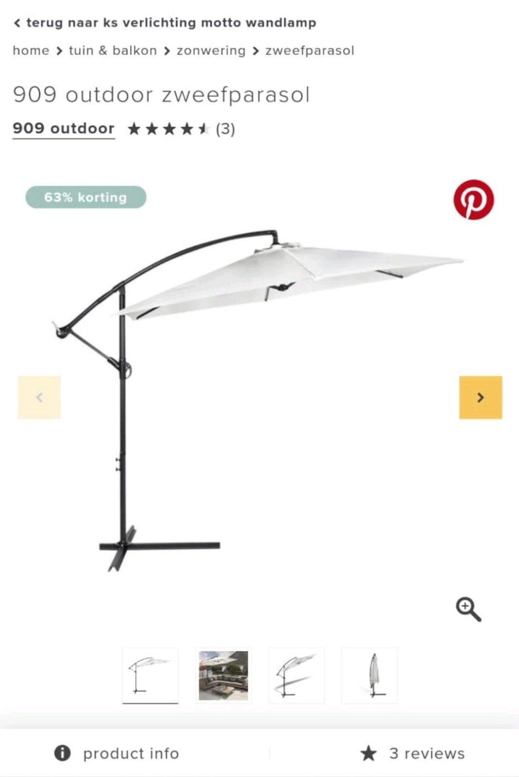 Parasol, wit. 3 meter breed. 2.5 meter hoog, Ophalen, Gebruikt, 2 tot 3 meter, Zweefparasol
