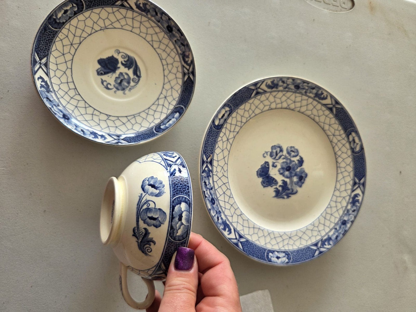 Antiek Delfts Blauw Vlinder Servies - Kop en Schotel, Antiek en Kunst, Ophalen
