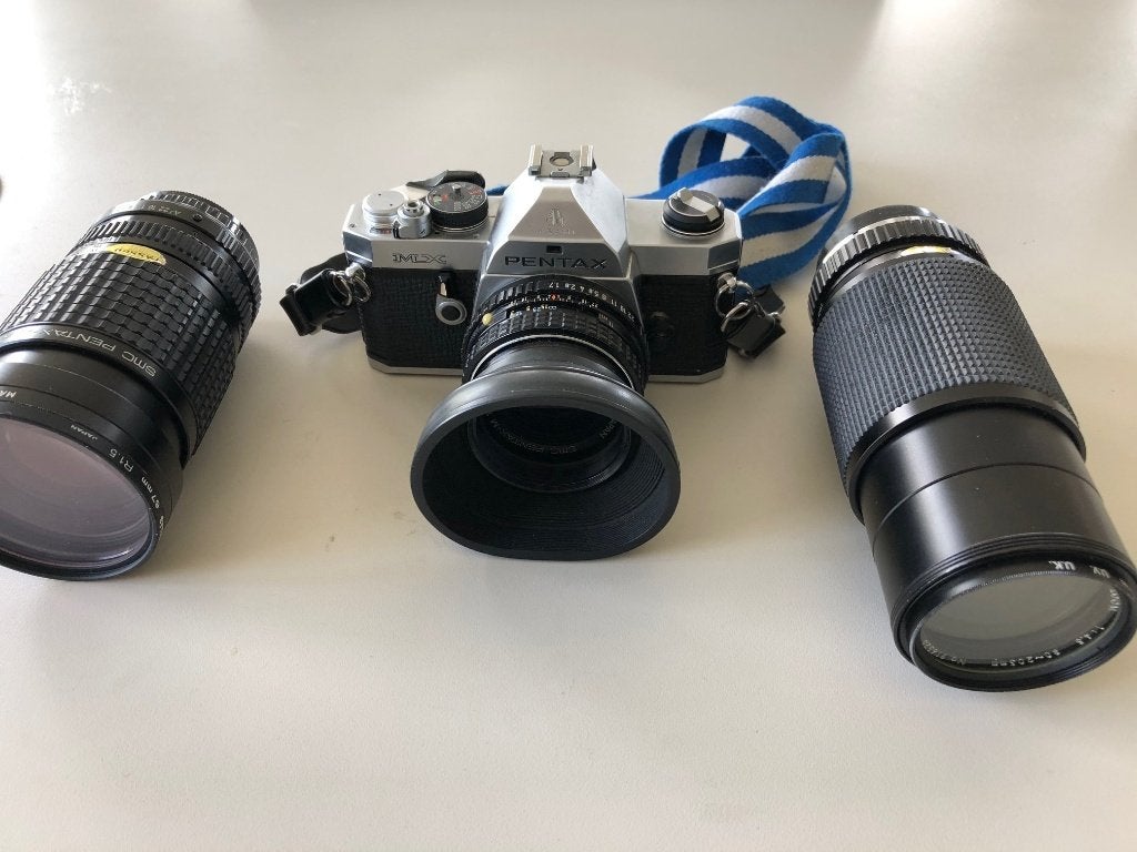 Pentax MX + 1.7/50mm, Pentax-A 35-105mm 3.5 en Tokina 80-205, Audio, Tv en Foto, Fotocamera's Analoog, Ophalen, Gebruikt, Spiegelreflex