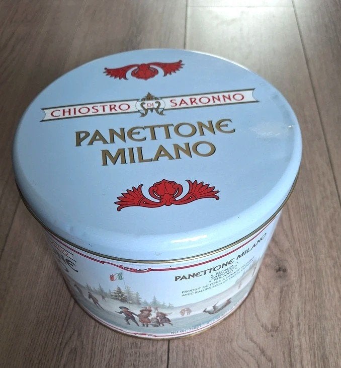 Vintage Chiostro di Saronno panettone blik rond 22 cm, Ophalen of Verzenden, Gebruikt, Overige, Overige merken