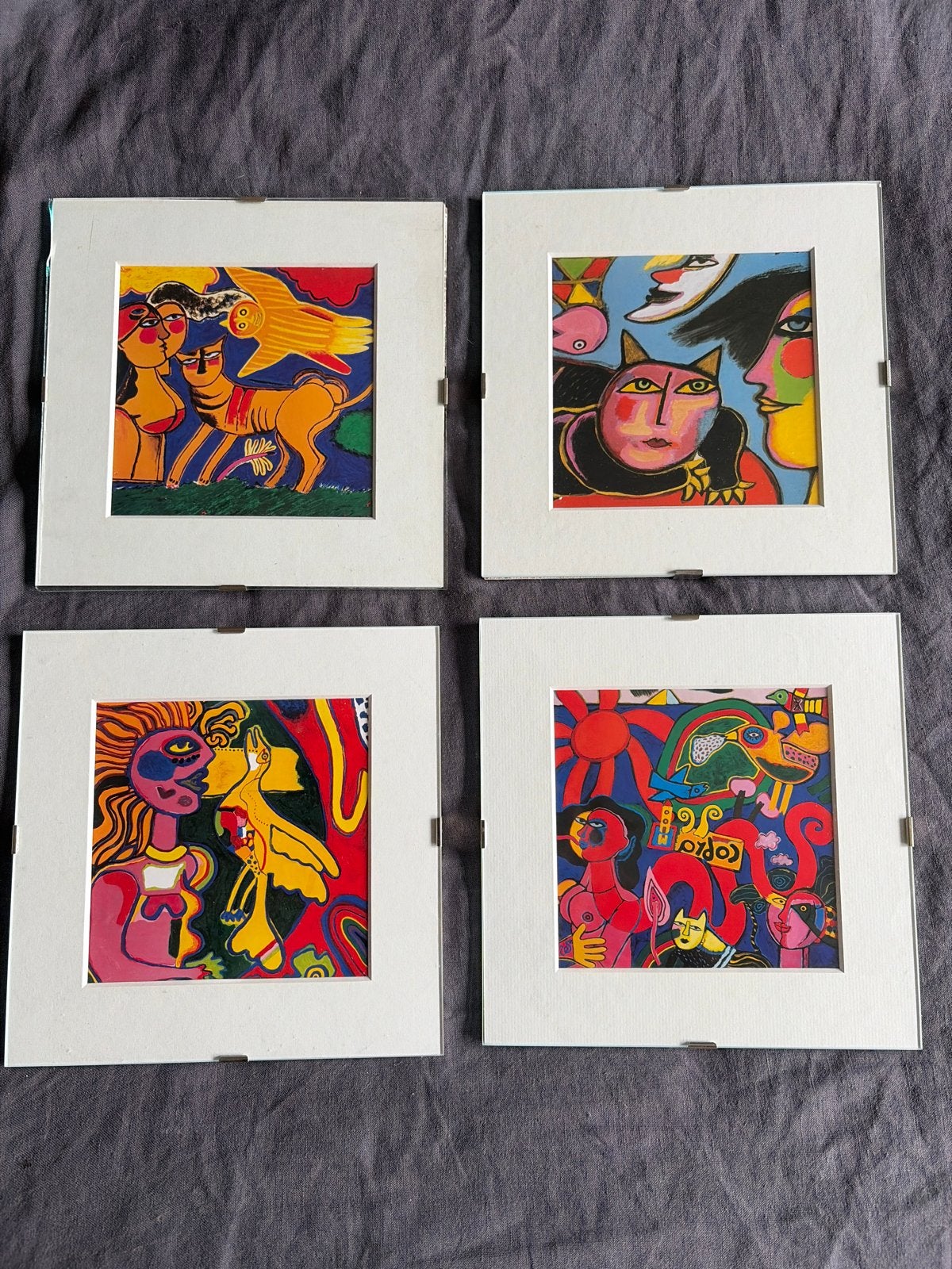 Set van 4 kleurrijke moderne kunst prints 20 x 20 cm, Ophalen, Figuren, Papier/karton, Ingelijst