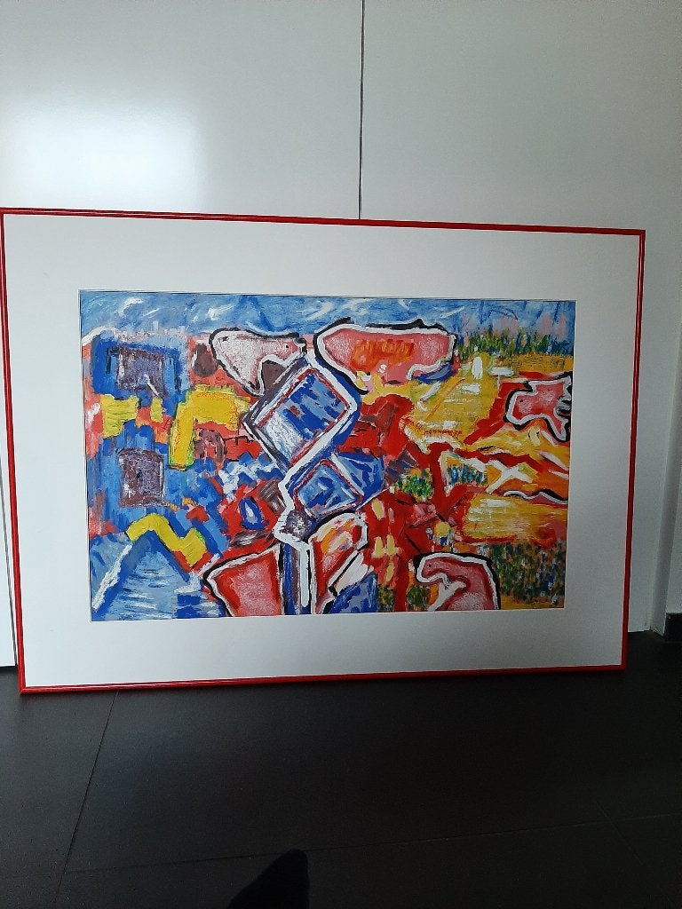 T.k.a. acryl schilderij 70cm x 95cm incl. rode lijst, Ophalen of Verzenden