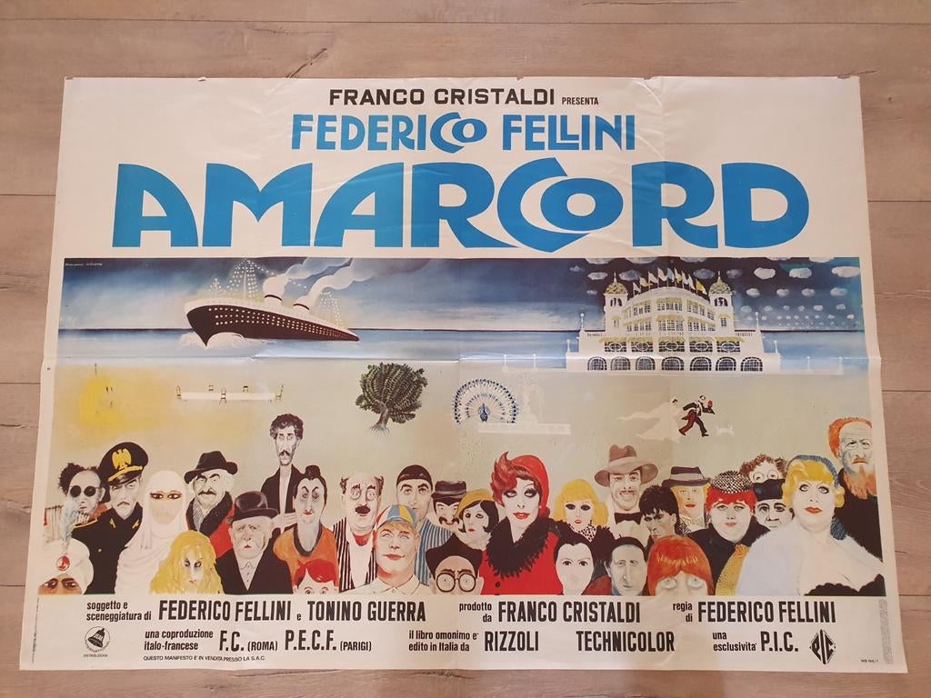 Oude Amarcord filmposter - Federico Fellini (gevouwen), Ophalen of Verzenden, A1 t/m A3, Film en Tv, Rechthoekig Staand