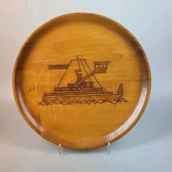 Vintage houten schaal met Emmerbaggermolen Naviga, Ophalen of Verzenden