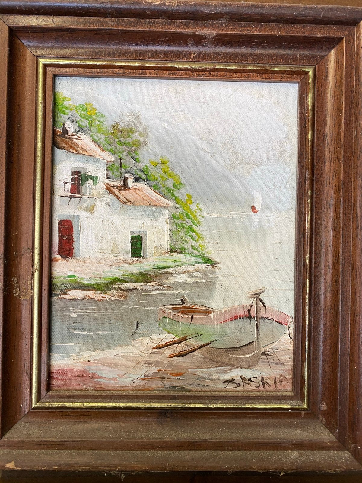 Schilderij met boot en huis aan het water🖼️, Antiek en Kunst, Ophalen, Maritiem / water, Doek, Realistisch