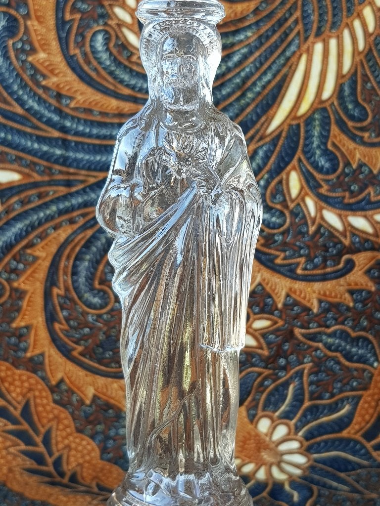 Prachtig stel antieke Maria en Jezus kandelaars 29,7 cm., Ophalen of Verzenden, Kristal