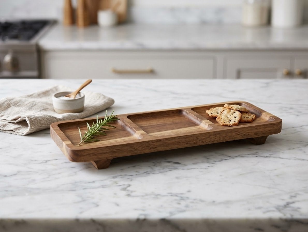 Benante Acacia Houten Tapas & Serveerplank met 3 Vakken, Hout, Snij-/serveerplank, Nieuw, Ophalen of Verzenden