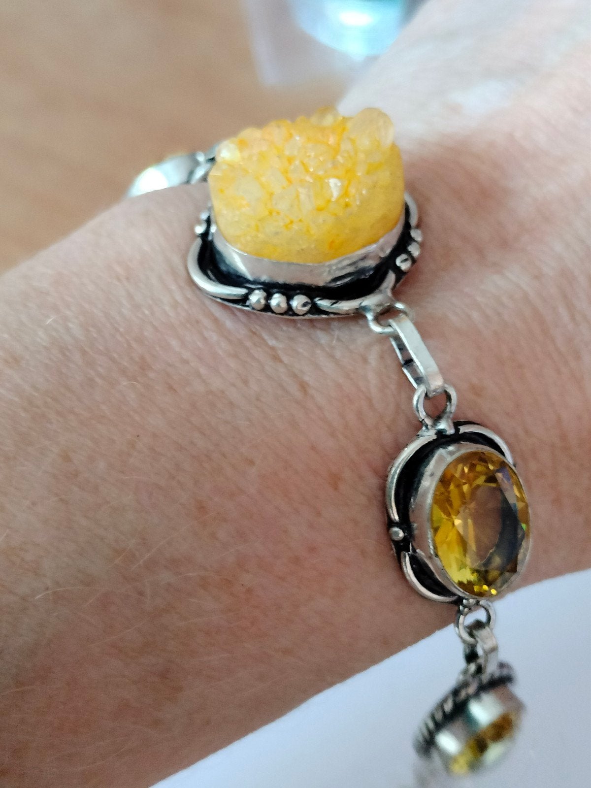 zilveren armband met druzy agaat en citrine 21cm, Verzenden, Geel, Nieuw, Met edelsteen