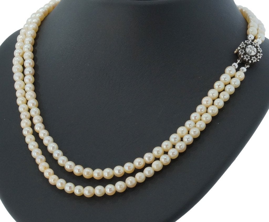 Akoya parel 14k gouden diamant slot dames ketting antiek, Verzenden, Goud, Ketting, Met edelsteen