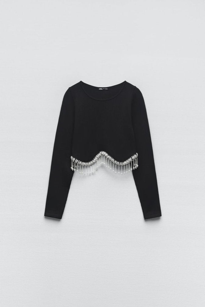 Dames Zara crop top seamless met parels zwart maat XS S, Ophalen of Verzenden, Zo goed als nieuw, Lange mouw, Maat 34 (XS) of kleiner