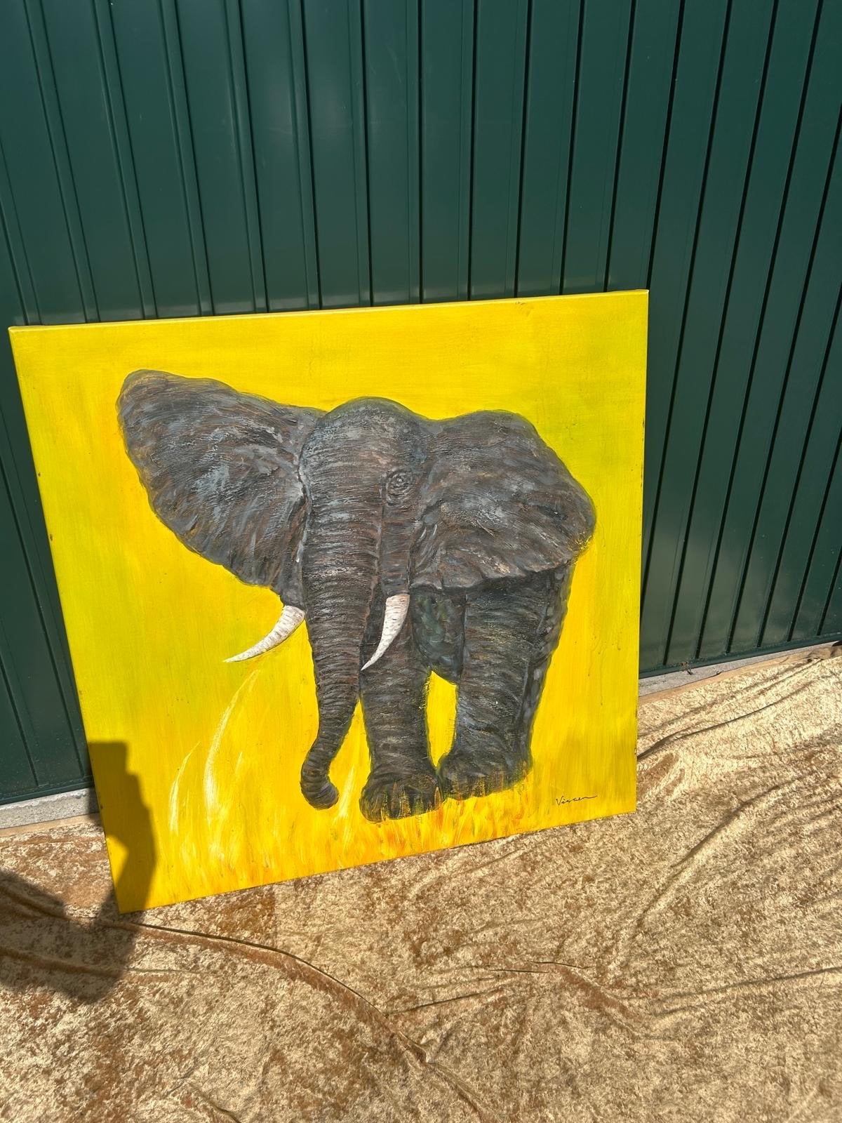 Schilderij van een olifant op geel doek, Ophalen, Acrylverf, Doek, Realistisch