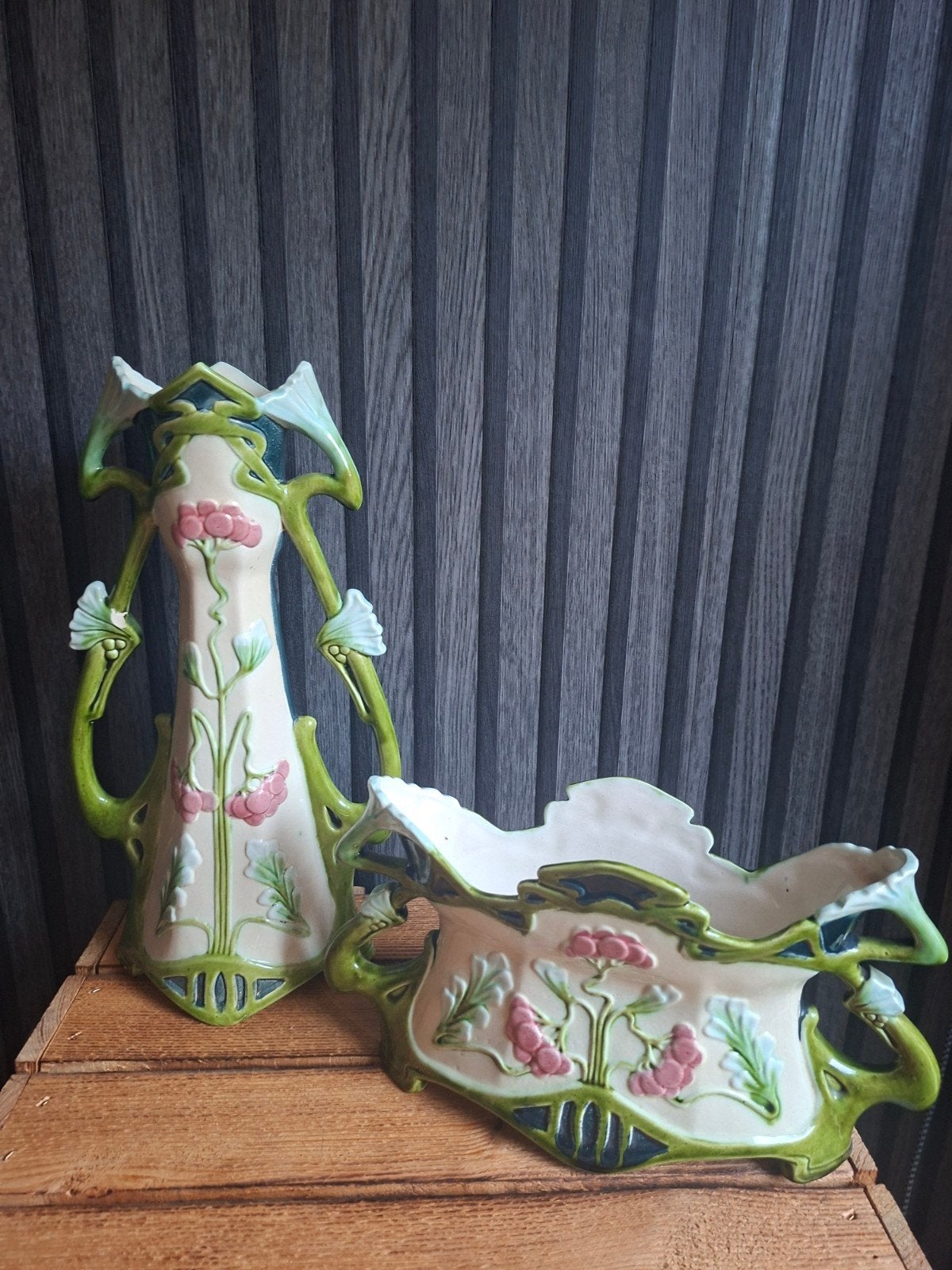 Art Nouveau Keramische Vaas en Bloempot Set 1874 - Uniek Des, Antiek en Kunst, Ophalen
