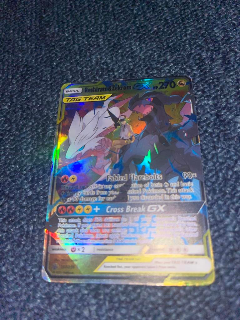 Reshiram & Zekrom GX Tag Team Pokémon Kaart, Ophalen of Verzenden, Gebruikt, Losse kaart, Foil