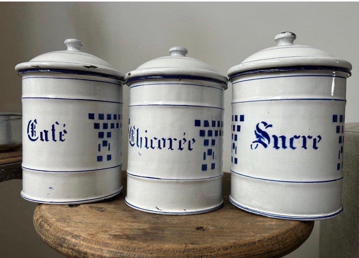 Emaille franse voorraad potten blauw / wit geblokt, Ophalen of Verzenden