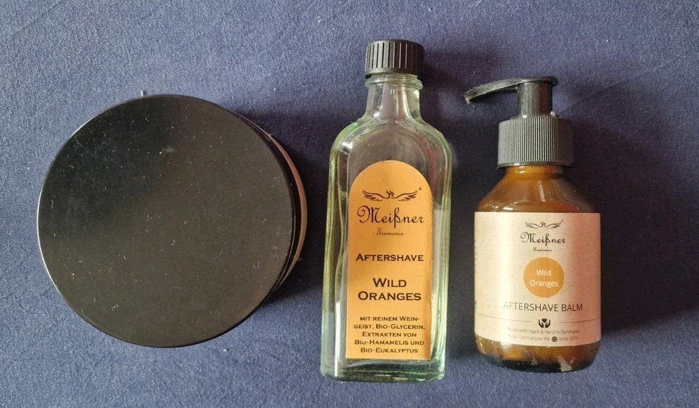 Meissner Wild Orange Set: Balsem, aftershave & scheerzeep, Ophalen of Verzenden, Gebruikt, Overige typen