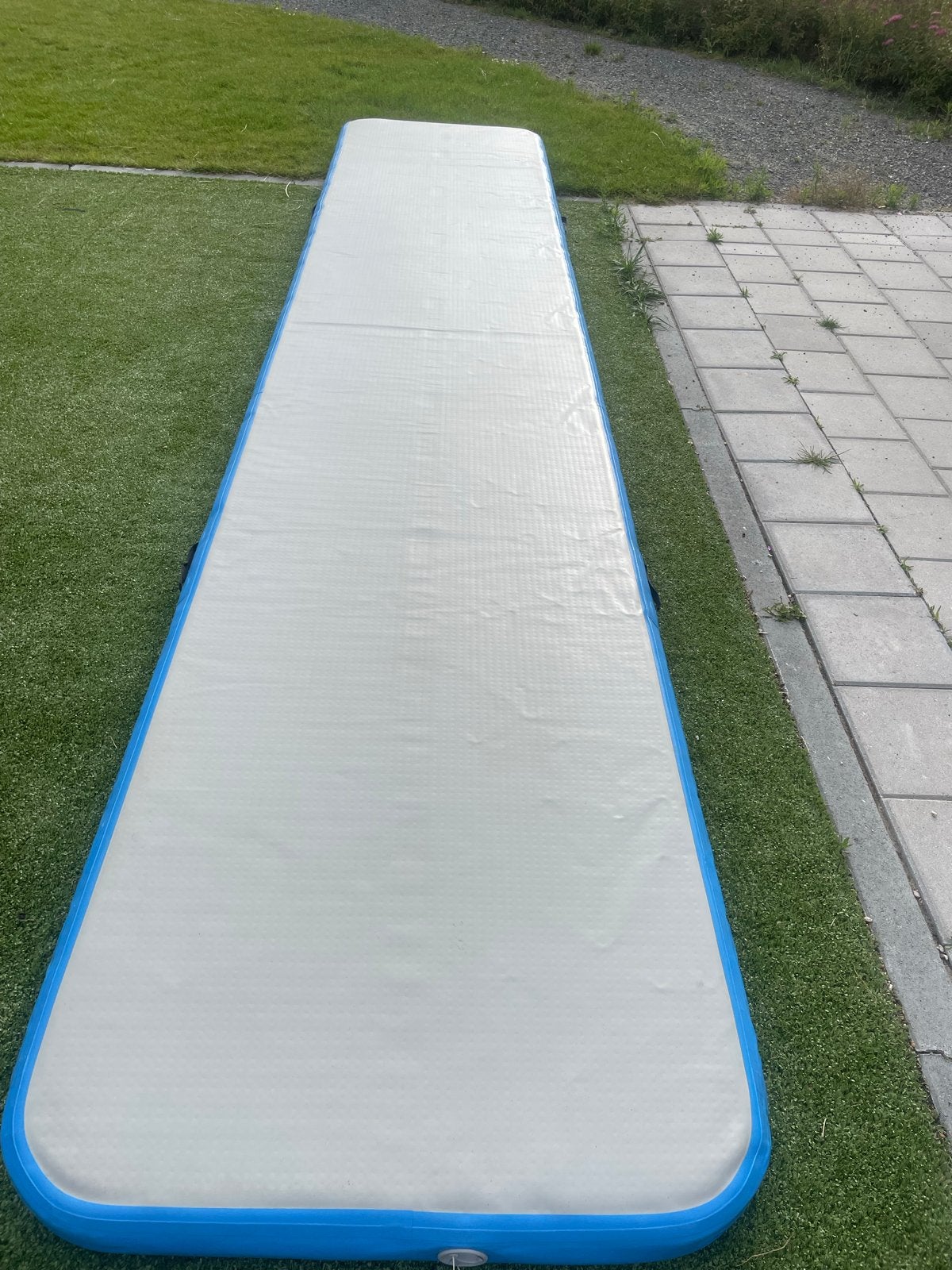 Airtrack 500x100x10cm met voetpomp - blauw/grijs, Sport en Fitness, Turnen, Ophalen, Gebruikt, Blauw, Materiaal