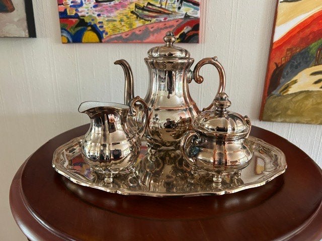 Vintage Verzilverd Koffie- en Theeservies met Dienblad, Antiek en Kunst, Ophalen, Zilver