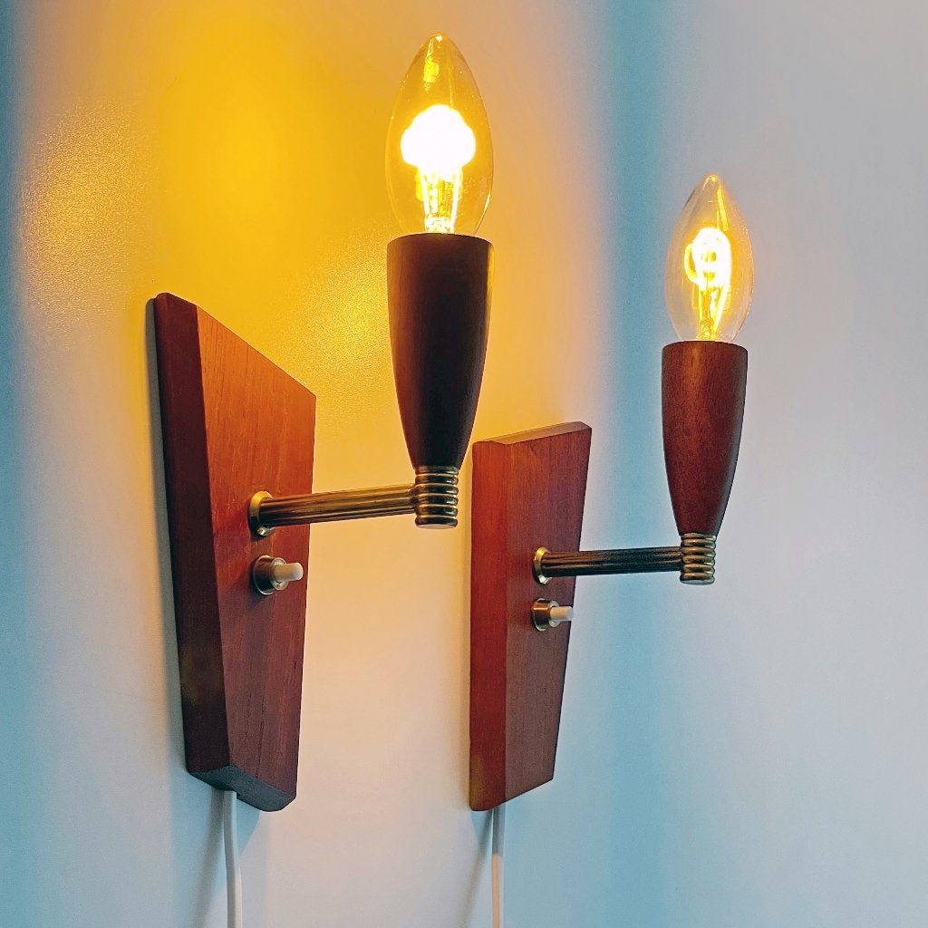 vintage teak WANDLAMPJES Deens Mid Century design retro lamp, Ophalen of Verzenden