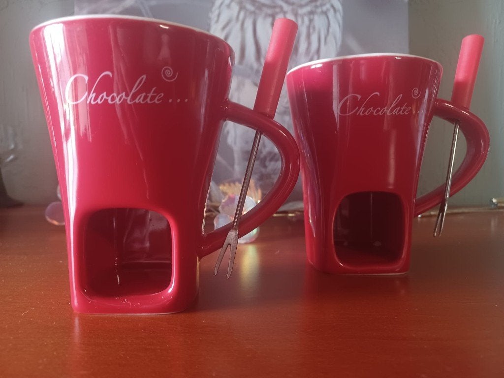 Set van 2 chocoladefondue mokken met vorkjes, Witgoed en Apparatuur, Fonduesets, Ophalen of Verzenden, Zo goed als nieuw, Waxinelicht