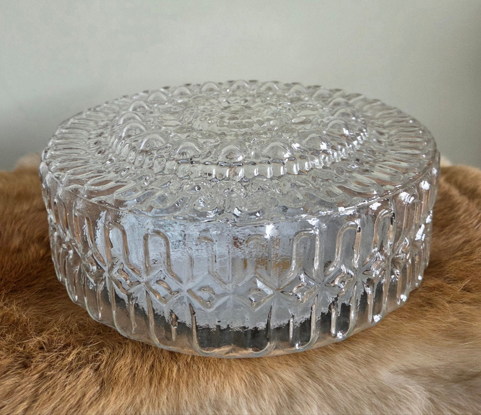 Vintage Massive glazen plafonnière / plafondlamp Jaren '70, Ophalen of Verzenden, Zo goed als nieuw, Glas, MCM