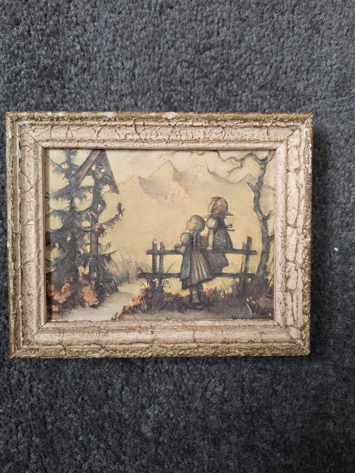 Vintage prent van kinderen in berglandschap, Ophalen of Verzenden