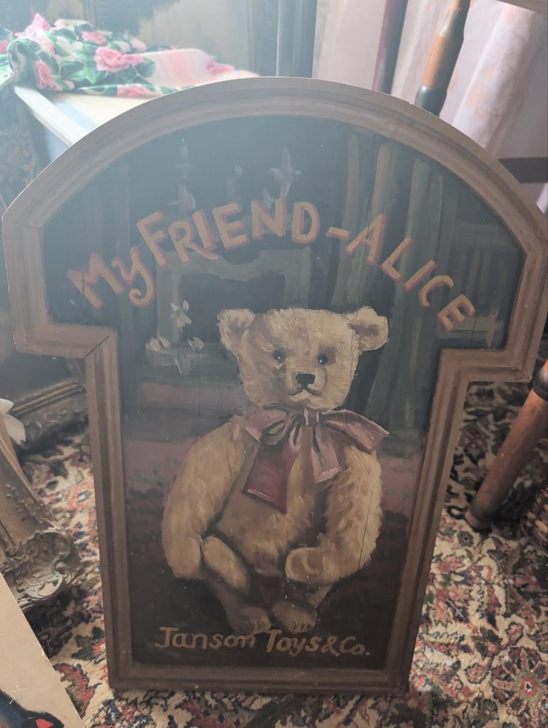 Vintage houten bord "My Friend-Alice" met teddybeer, Ophalen of Verzenden