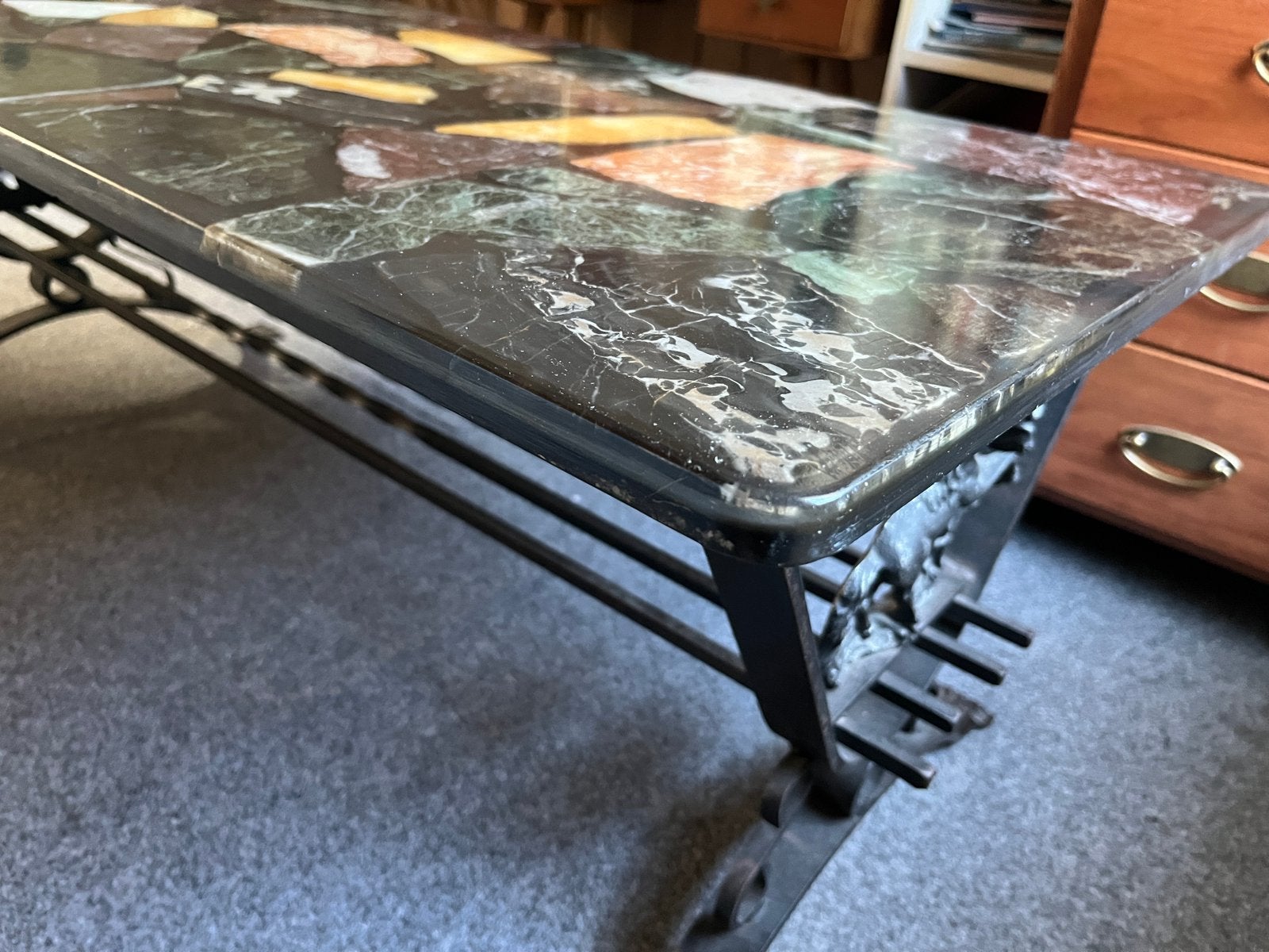 Vintage marmeren onyx epoxy mozaiektafel salontafel, Ophalen, Overige materialen, Gebruikt, 100 tot 150 cm