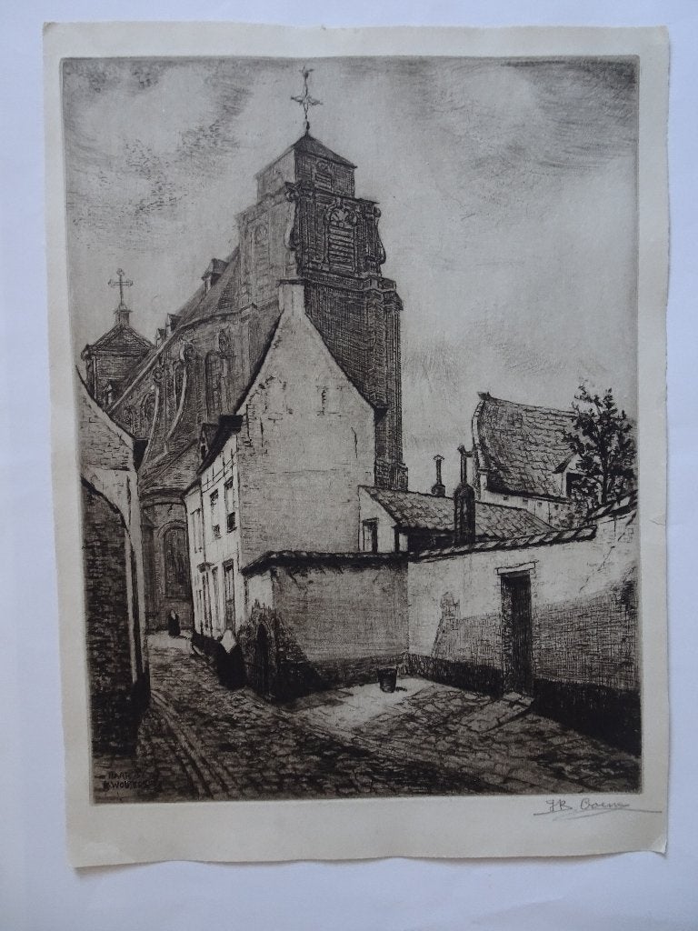 Ets straatje en kerk Mechelen, Jean Baptiste Coene II, 1920, Antiek en Kunst, Kunst | Etsen en Gravures, Ets, Stadsgezicht, Ophalen of Verzenden
