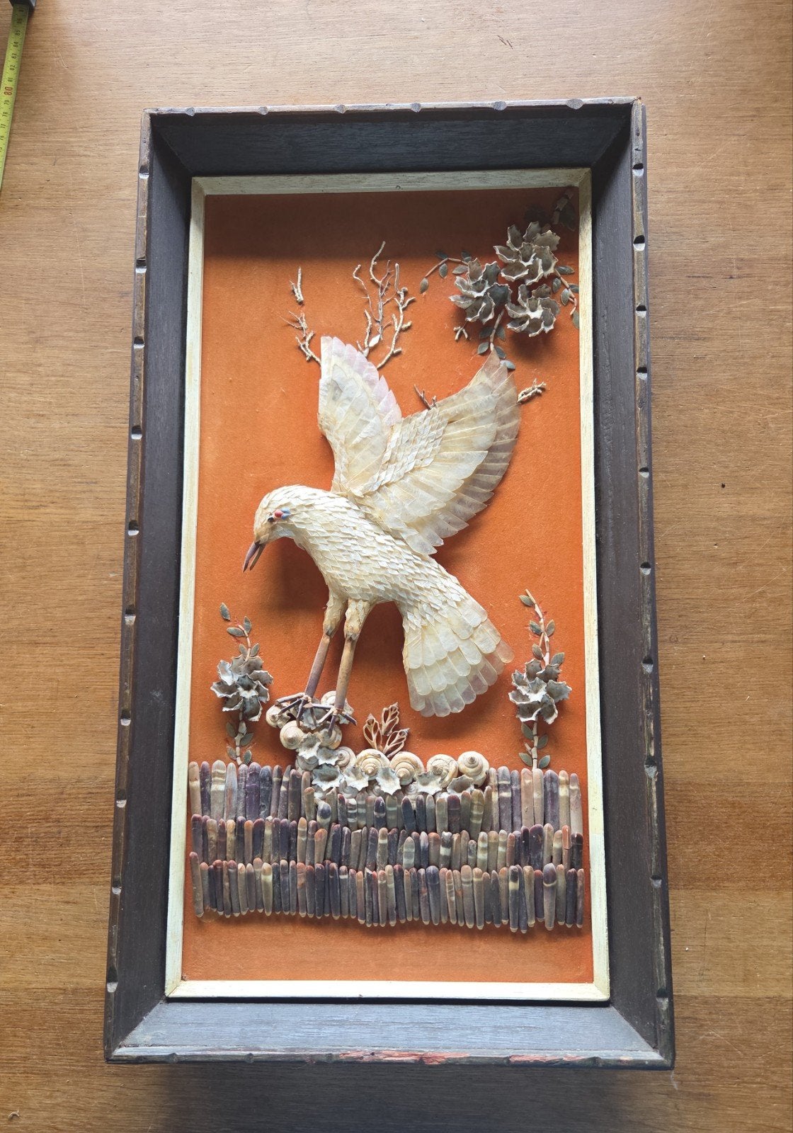 vintage schelpenschilderij shell art vogel, Antiek en Kunst, Overige herkomsten, Ophalen
