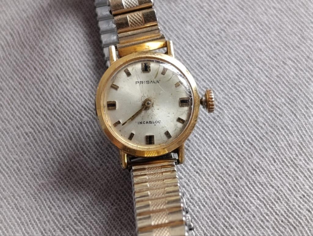 Prisma Incabloc horloge gold-plated ,defect, Amerikanos band, Ophalen of Verzenden