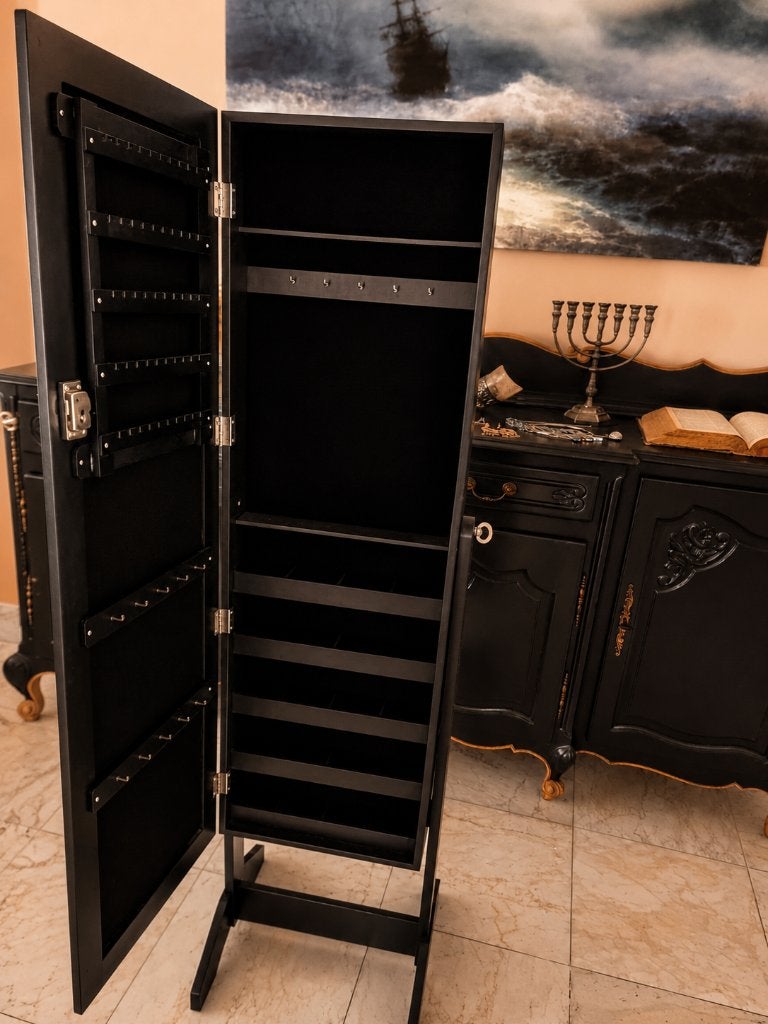 Juwelenkast staande spiegelkast + sieraden + display's, Ophalen, Nieuw, Zwart, Overige materialen