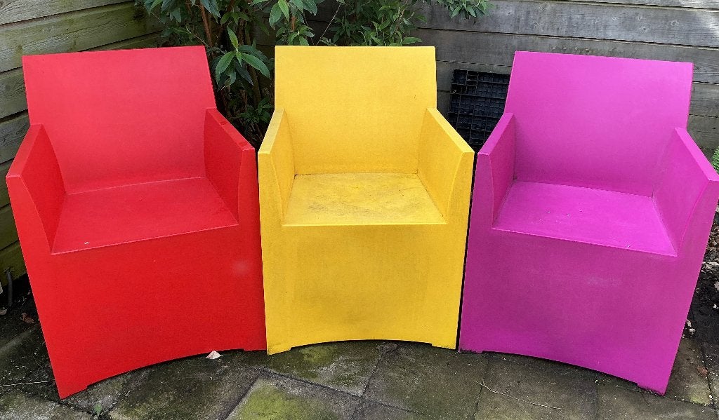 3 x in 1 koop Haans kunststof design tuinstoelen, Ophalen, Gebruikt, Kunststof
