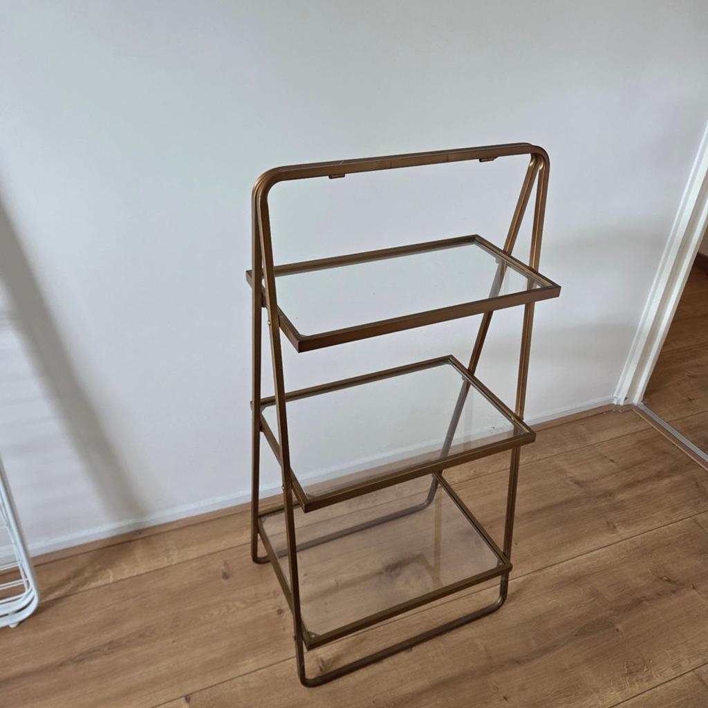 Gouden Retro Bijzetrek met Glazen Planken, Ophalen, Gebruikt