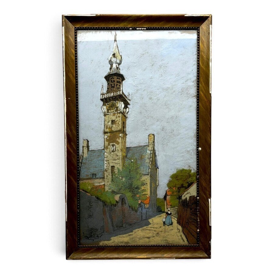 Eugene Lücker (1876-1943) - stadhuis Veere, 1928, Antiek en Kunst, Ophalen of Verzenden, Tekening, Pasteltekening, Gesigneerd