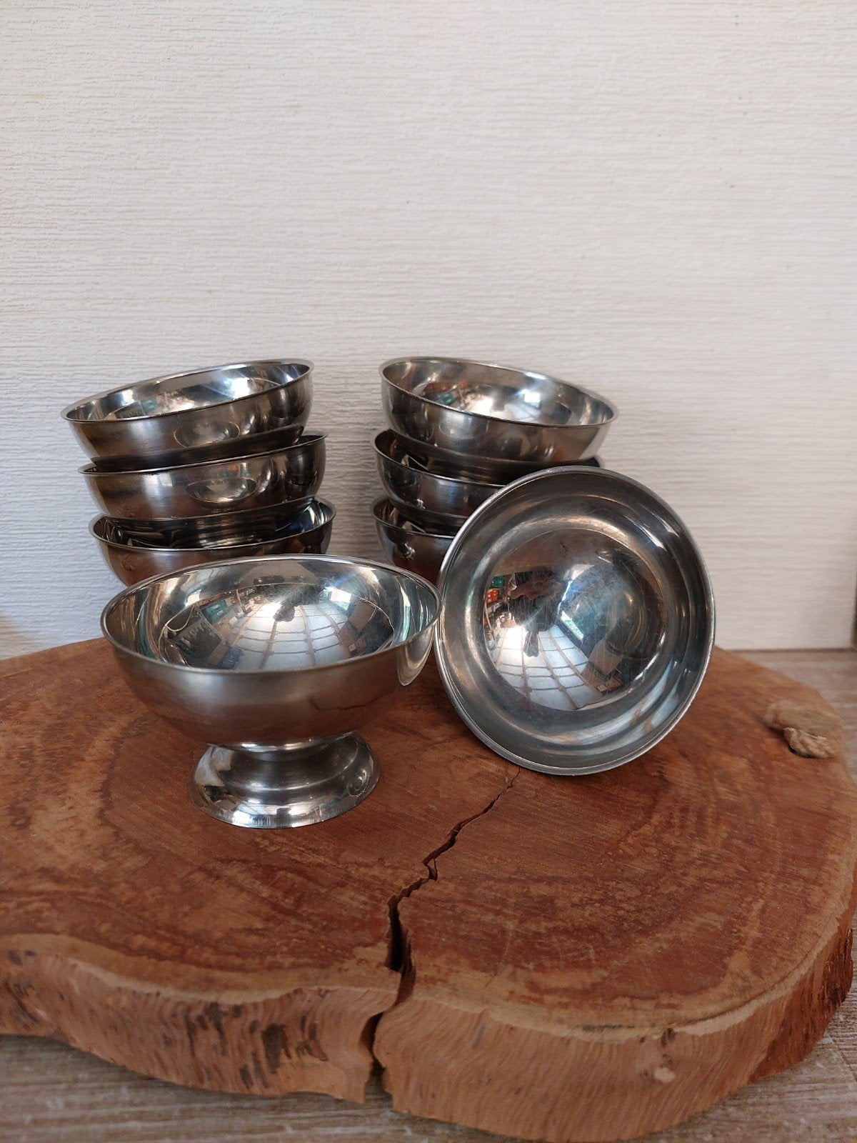 8 vintage ijscoupes op brede voet, Ophalen of Verzenden, Overige materialen, Overige stijlen, Schaal of Schalen