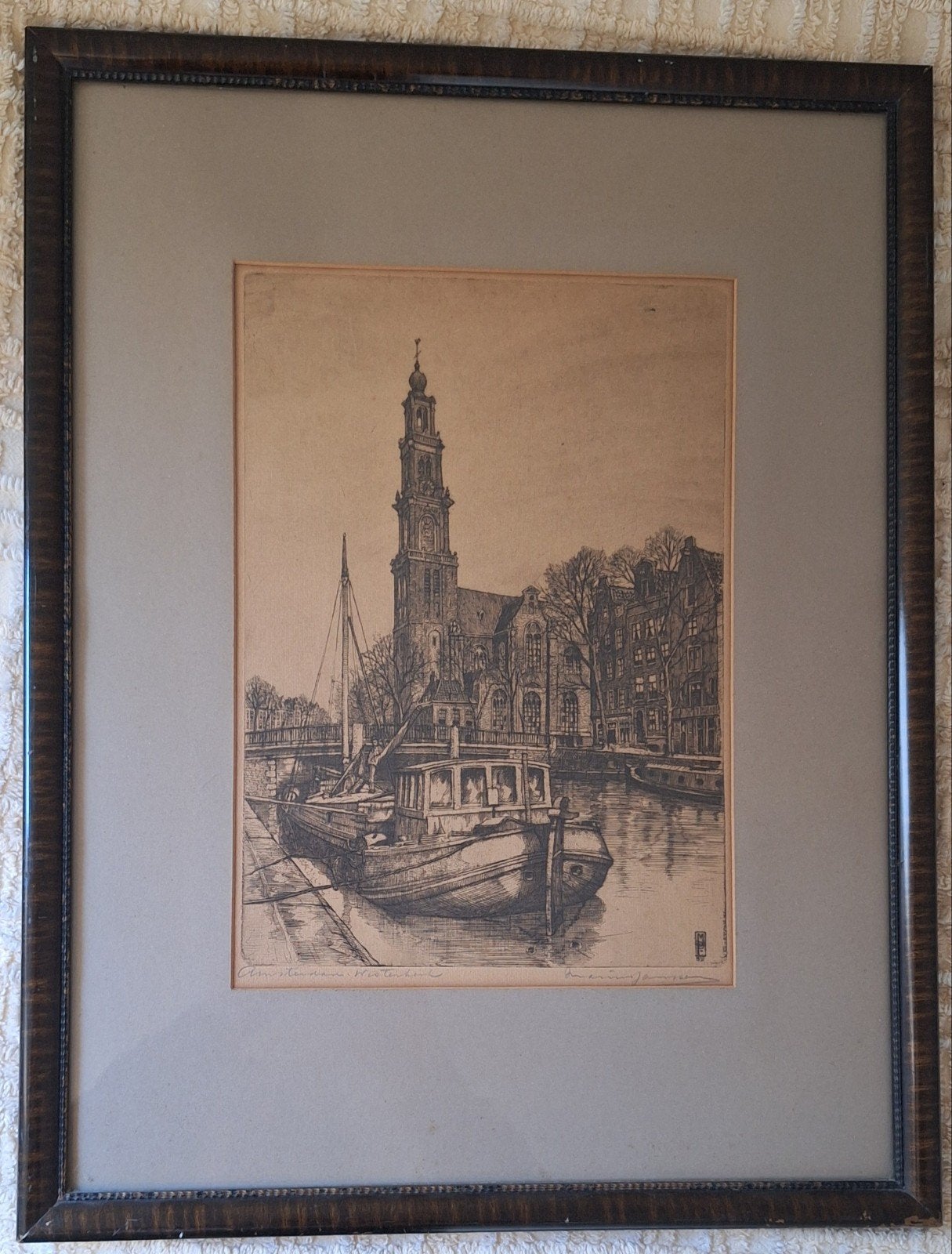 Ets Westertoren en Westerkerk aan de gracht - Marius Janssen, Antiek en Kunst, Ophalen, Ets, Stadsgezicht, Gesigneerd