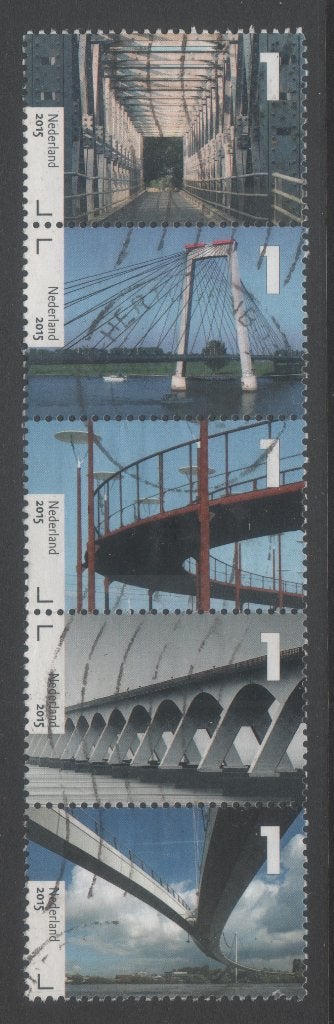 strip van 5 postzegels Nederland 1 bruggen 2015 (PZ 38), Ophalen of Verzenden, Na 1940, Gestempeld