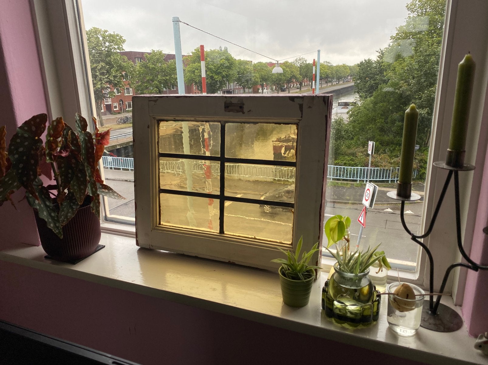 Geel glas in lood raam, Doe-het-zelf en Verbouw, Glas en Ramen, Ophalen, Gebruikt, Minder dan 80 cm, Glas in lood