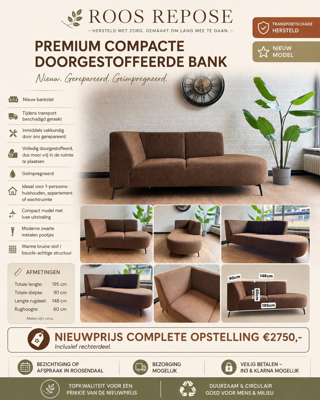 NIEUW! Doorgestoffeerde bank Shell 180 | Geïmpregneerd, Huis en Inrichting, 75 tot 100 cm, Ophalen of Verzenden, Rechte bank, Stof