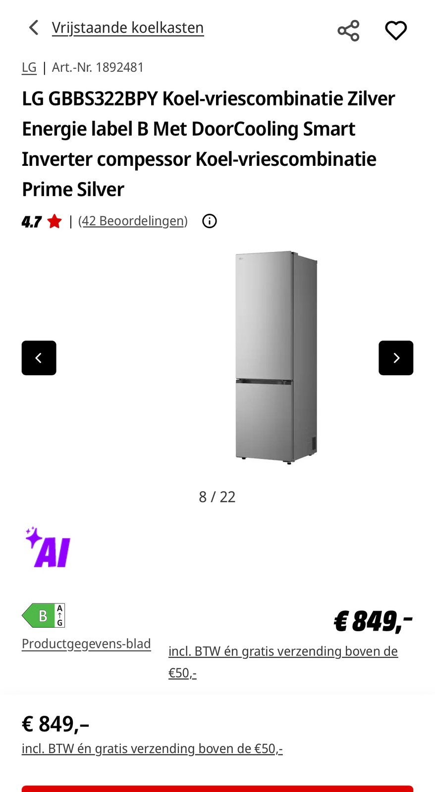 LG Koel-vriescombinatie - Zilver - Slechts 1 week gebruikt, Witgoed en Apparatuur, Koelkasten en IJskasten, Ophalen, 200 liter of meer